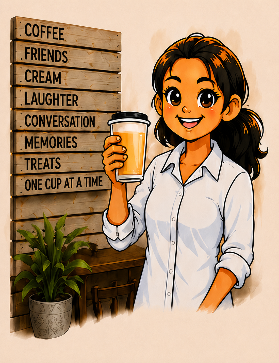 Joy holding a coffee beside the café community message board